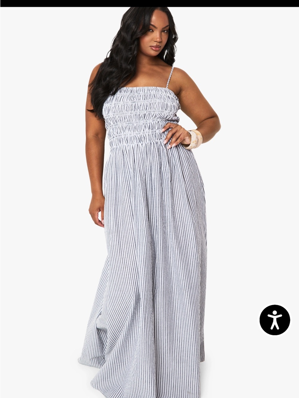Boohoo Black & White Stripe Smocked Seersucker Maxi Dress Size 16